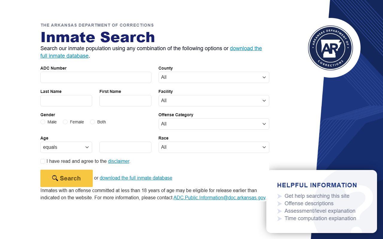 Lafayette County inmate population Arkansas DOC inmate search fields